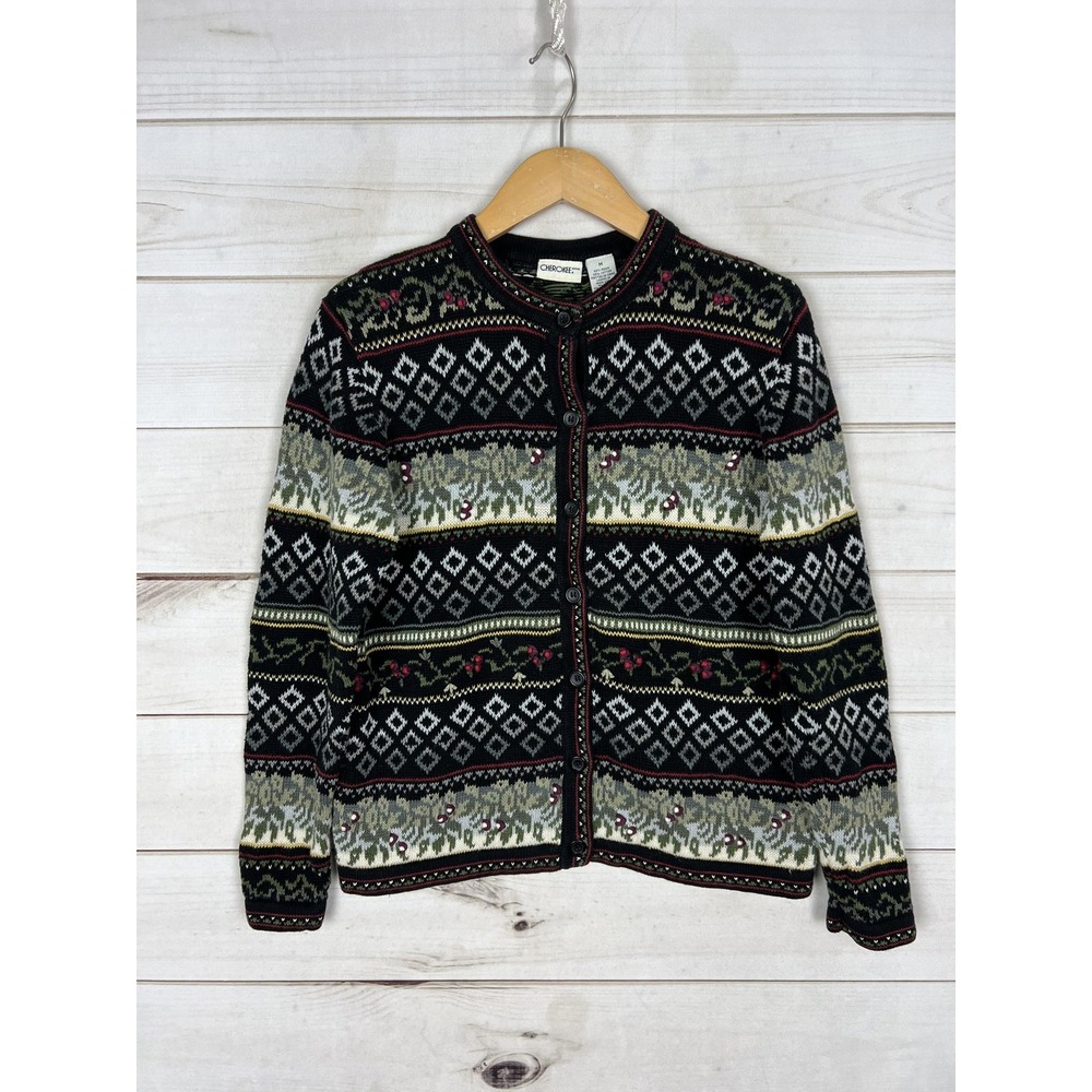 Cherokee Sweater Cardigan Womens Medium Multicolor Holiday Fair Isle Knit Holly